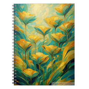 Caderno Espiral Floral Abstrata Bloom Dourado