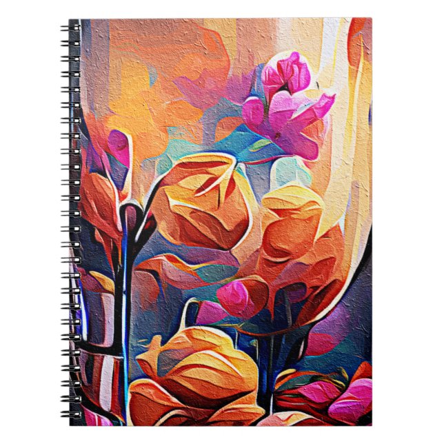 Caderno Espiral Floral Abstrato Art Laranja Vermelho Azul Flores (Frente)