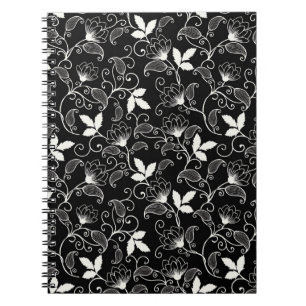 Caderno Espiral Floral Abstrato branco em fundo preto