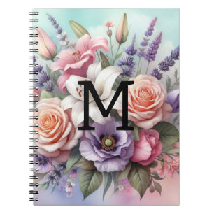 Caderno Espiral Floral aqucolor monograma flores roxas cor-de-rosa
