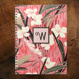 Caderno Espiral Floral Asiático Rosa Bege Branco Chinoiserie Monog