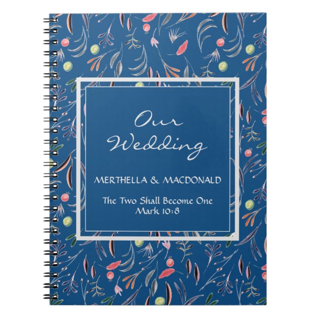 Caderno Espiral Floral Azul Personalizado NOSSO CASAMENTO (Frente)