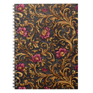 Caderno Espiral Floral Barroco Escuro com Rolos de Ouro