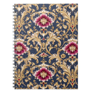 Caderno Espiral Floral Barroco Real em Azul Profundo
