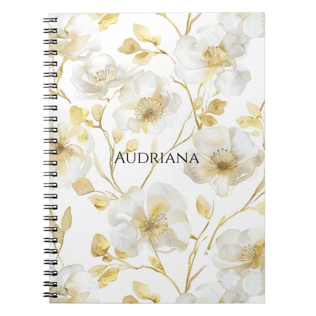 Caderno Espiral Floral Branco Dourado Chic (Frente)