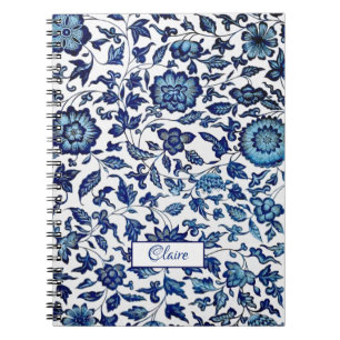 Caderno Espiral Floral Branco e Azul-Quadrado Personalizado