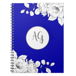 Caderno Espiral Floral Branco Real Azul Moderno e Quic Monograma