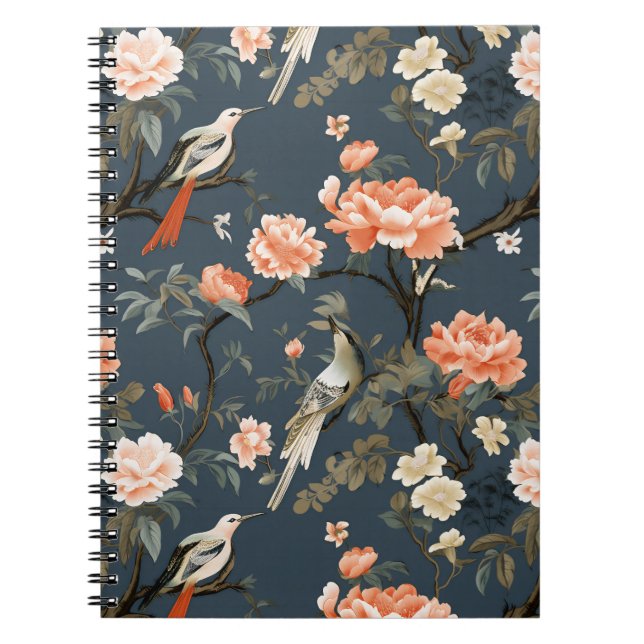 Caderno Espiral Floral Chinoiserie sobre Denim Blue (Frente)