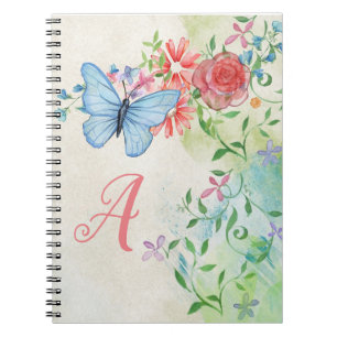 Caderno Espiral Floral Colorida da Borboleta Elegante Monograma