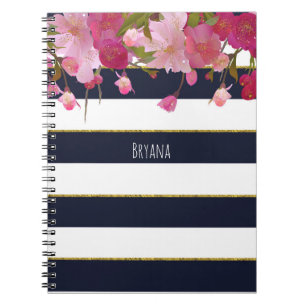 Caderno Espiral Floral com Brilho Dourado Falso Moderno Elegante