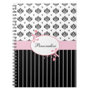 Caderno Espiral Floral cor-de-rosa chique do damasco preto e