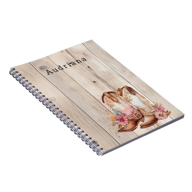 Caderno Espiral Floral Cowgirl Boots Ivory Faux Wood Personalizada (Lado Direito)