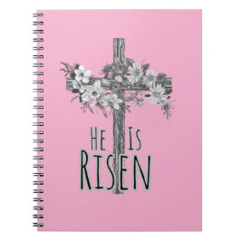 Caderno espiral floral da cruz Ele Ressuscitou