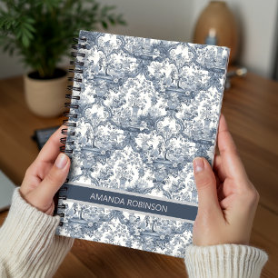Caderno Espiral Floral damasco vintage toile de jouy azul monogram