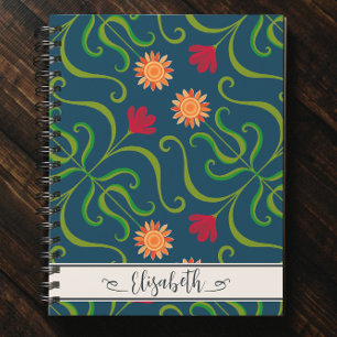Caderno Espiral Floral Damask Sunflower Boho Marinho Blue FolArt