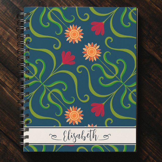 Caderno Espiral Floral Damask Sunflower Boho Marinho Blue FolArt (Criador carregado)