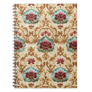 Caderno Espiral Floral Damask Vintage em Turquesa e Borgonha