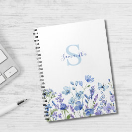Caderno Espiral Floral de Aquarela de Flor Silvestre Azul Personal