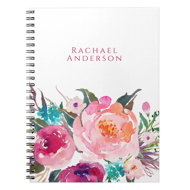 Caderno Espiral Floral de Aquarela Feminina com o Seu Nome (Frente)