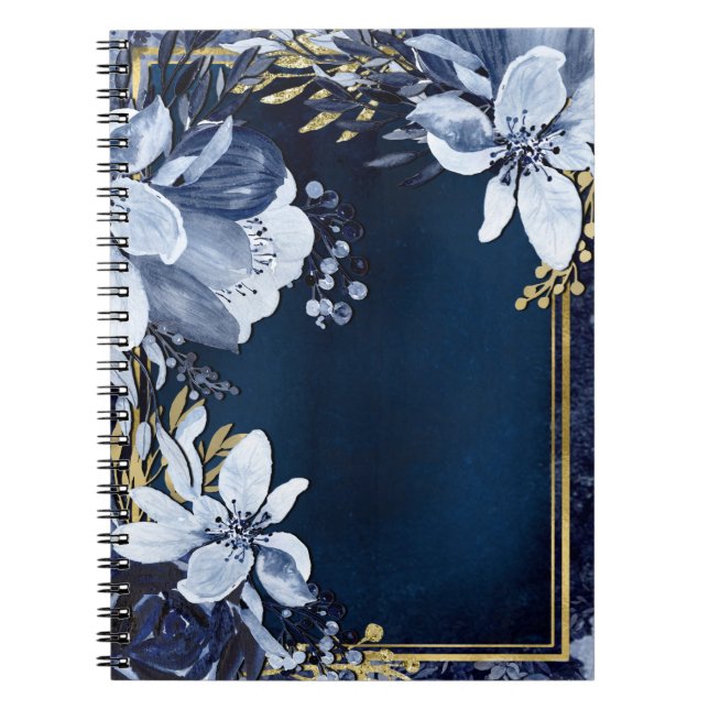Caderno Espiral Floral de Cor de Água Moderna Elegante Azul e Dour (Frente)