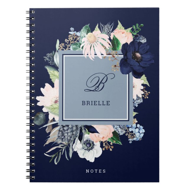 Caderno Espiral Floral de marinho e Blush | Nome e Monograma (Frente)