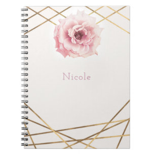 Caderno Espiral Floral de Peônia Rosa e Dourado Glam Personalizado