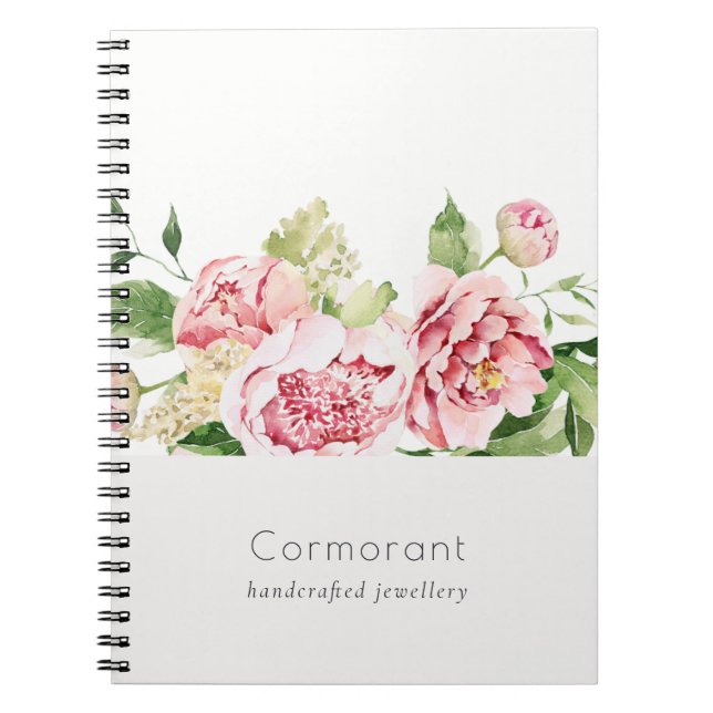 Caderno Espiral Floral de Peony Floral, Cor Verde Rosa Elegante (Frente)