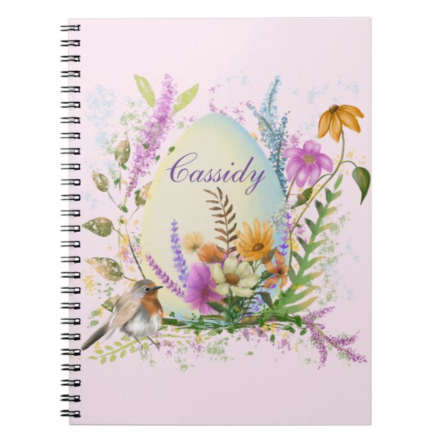 Caderno Espiral Floral de primavera de Pássaros do Ovo de Páscoa (Frente)