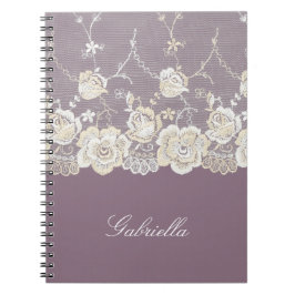 Caderno Espiral Floral de rendas brancas e roxas
