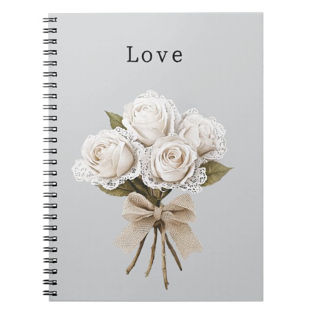 Caderno Espiral Floral de Rosas Brancas de Renda Falsa Cinza Bonit (Frente)