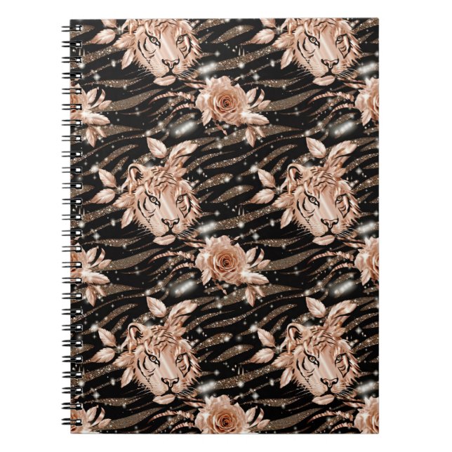 Caderno Espiral Floral de Tigre Dourado Rosa preto (Frente)