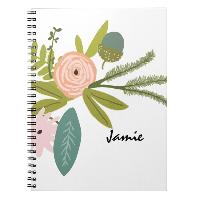 Caderno Espiral Floral e Fauna Verdes Rosa Pêssegos (Frente)