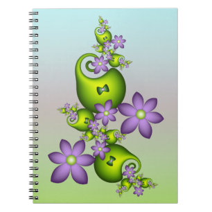Caderno Espiral Floral Fantasy Lilac Flores Verde Formas Fractais