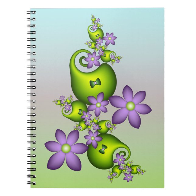 Caderno Espiral Floral Fantasy Lilac Flores Verde Formas Fractais (Frente)