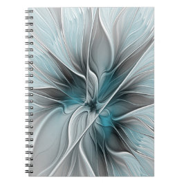 Caderno Espiral Floral Fractal Moderno Abstrato Flor Azul Cinza