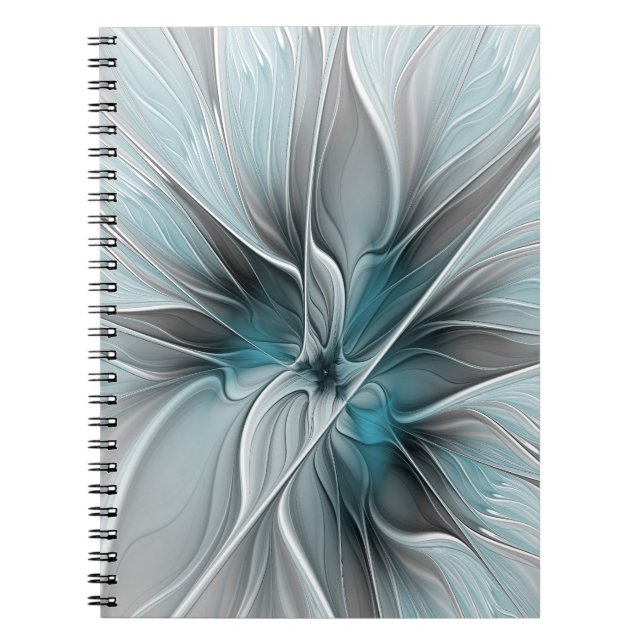 Caderno Espiral Floral Fractal Moderno Abstrato Flor Azul Cinza (Frente)