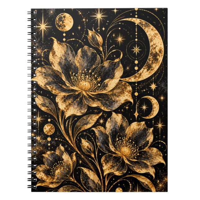 Caderno Espiral Floral Lua Dourada Celestial (Frente)