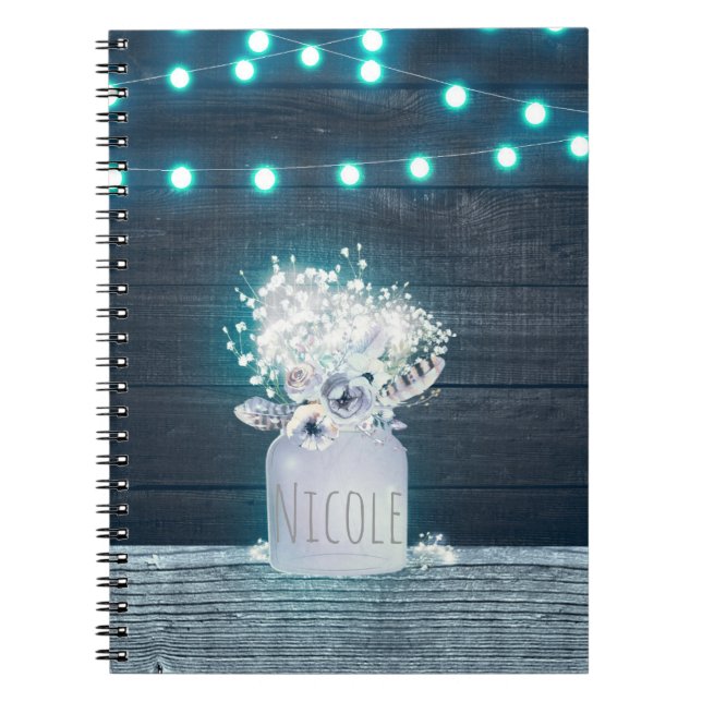 Caderno Espiral Floral Mason Jar & Luzes de Corda Azuis Rústicas (Frente)