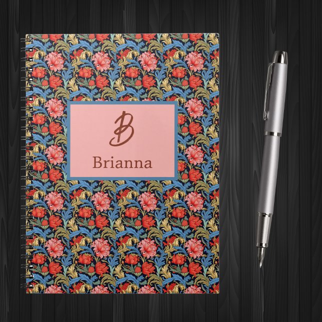 Caderno Espiral Floral Monogram Pink Blue William Morris Style (Criador carregado)