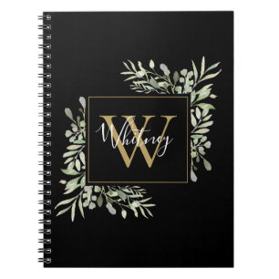 Caderno Espiral Floral Monograma de Folhagem em Ouro Preto Persona