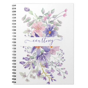 Caderno Espiral Floral personalizado com aguarela rosa e roxa