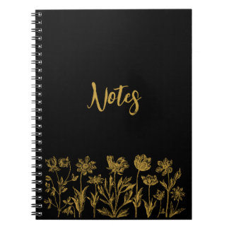 Caderno Espiral Floral Preto e Dourado