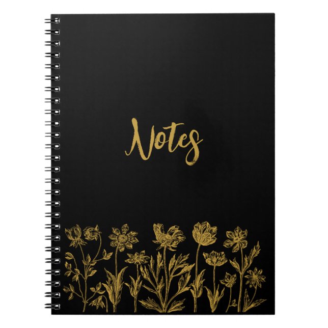 Caderno Espiral Floral Preto e Dourado (Frente)