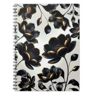 Caderno Espiral Floral Preto e Dourado Bege Escuro Elegante Sombri