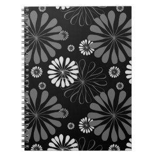 Caderno Espiral Floral Retro Preto e Branco