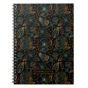 Caderno Espiral Floral seamless pattern gold personalized name
