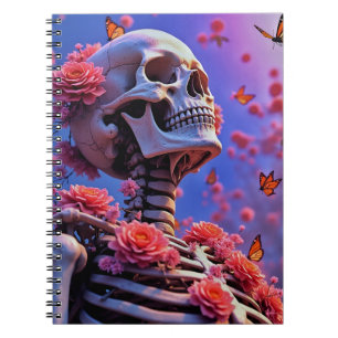 Caderno Espiral Floral Skull and Butterflies Surreal Art