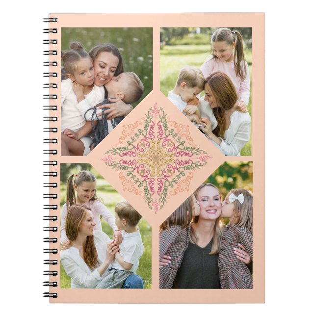 Caderno Espiral Floral Soft peach kaleidoscopic Script Best Mom  (Frente)
