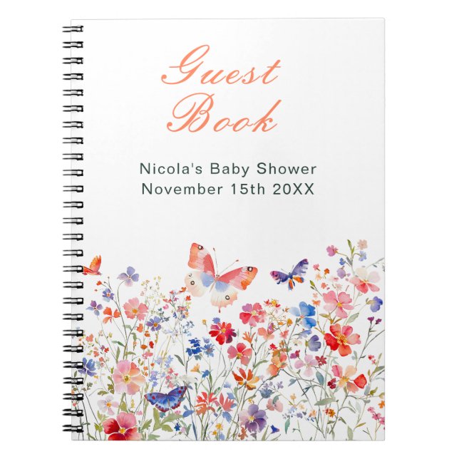 Caderno Espiral Floral Summer Butterfly Baby Shower Guest Book (Frente)