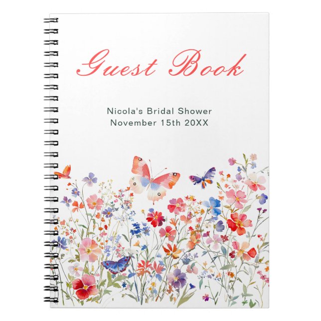 Caderno Espiral Floral Summer Butterfly Bridal Shower Guest Book (Frente)